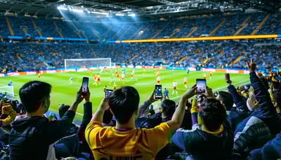 Football fans celebrating a goal while checking scores on their devices