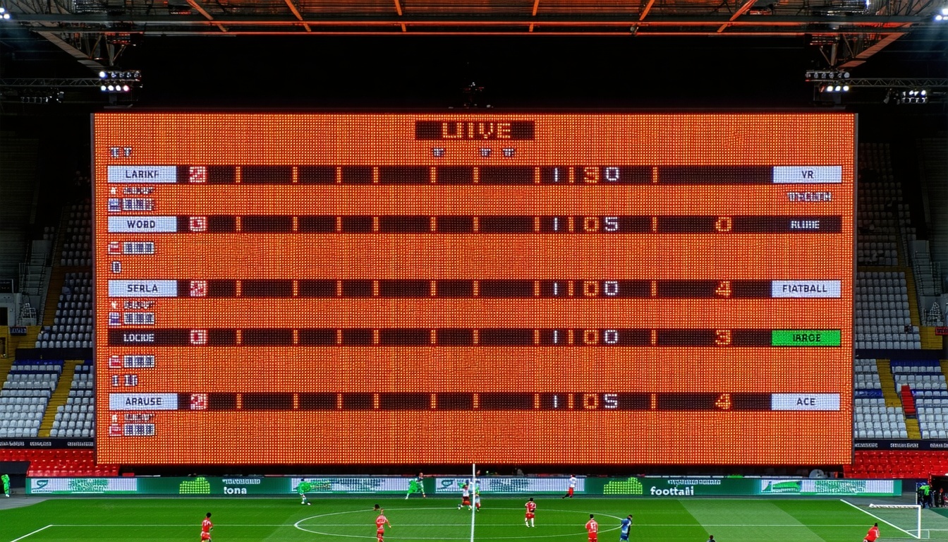 Live football match scores displayed on a digital scoreboard