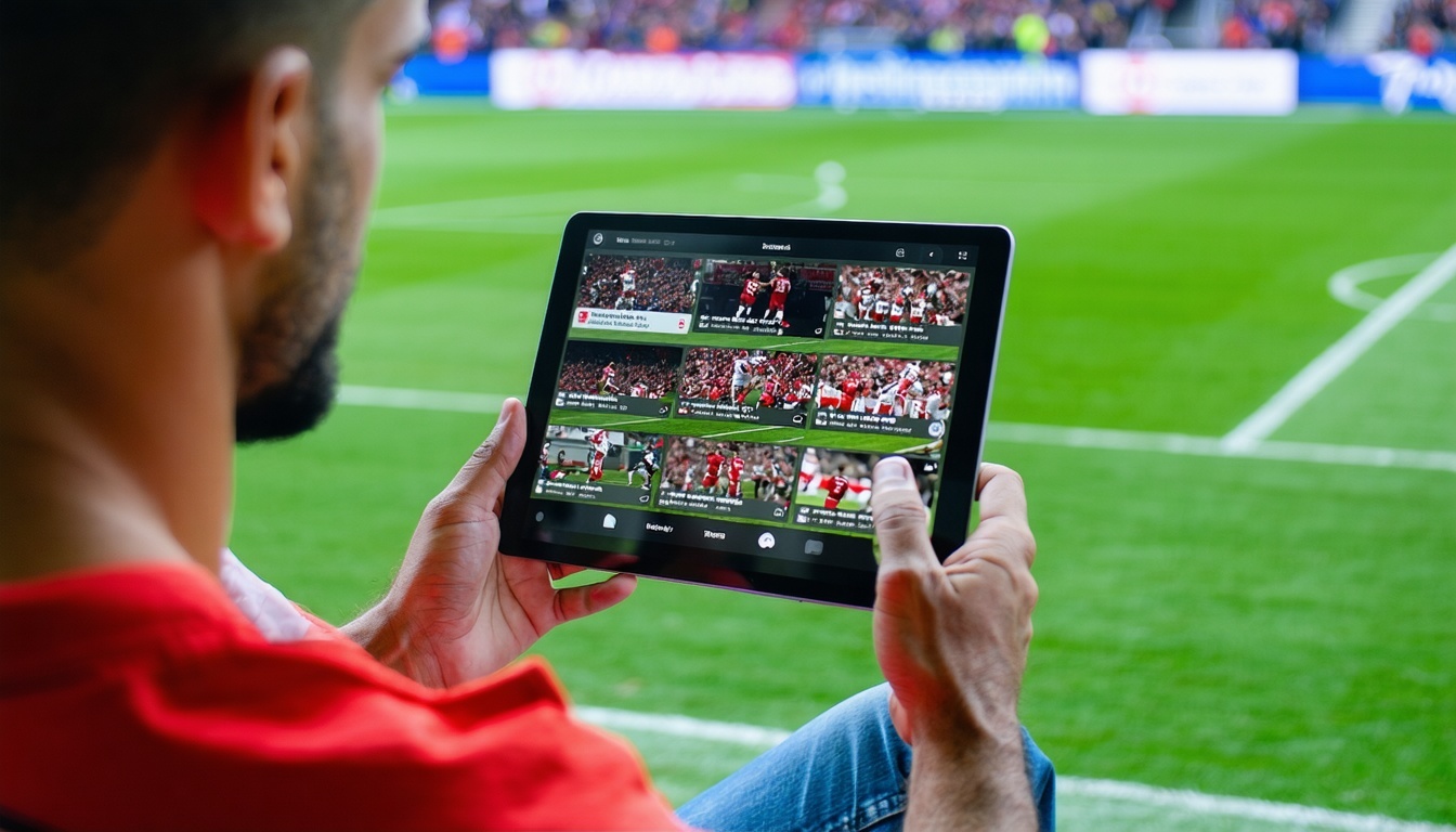 Fan browsing football content on a tablet and sharing on social media